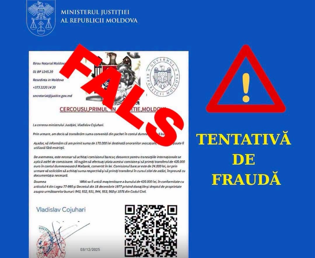 Tentativă de fraudă din numele Ministerului Justiției. Autoritățile îndeamnă cetățenii să fie prudenți