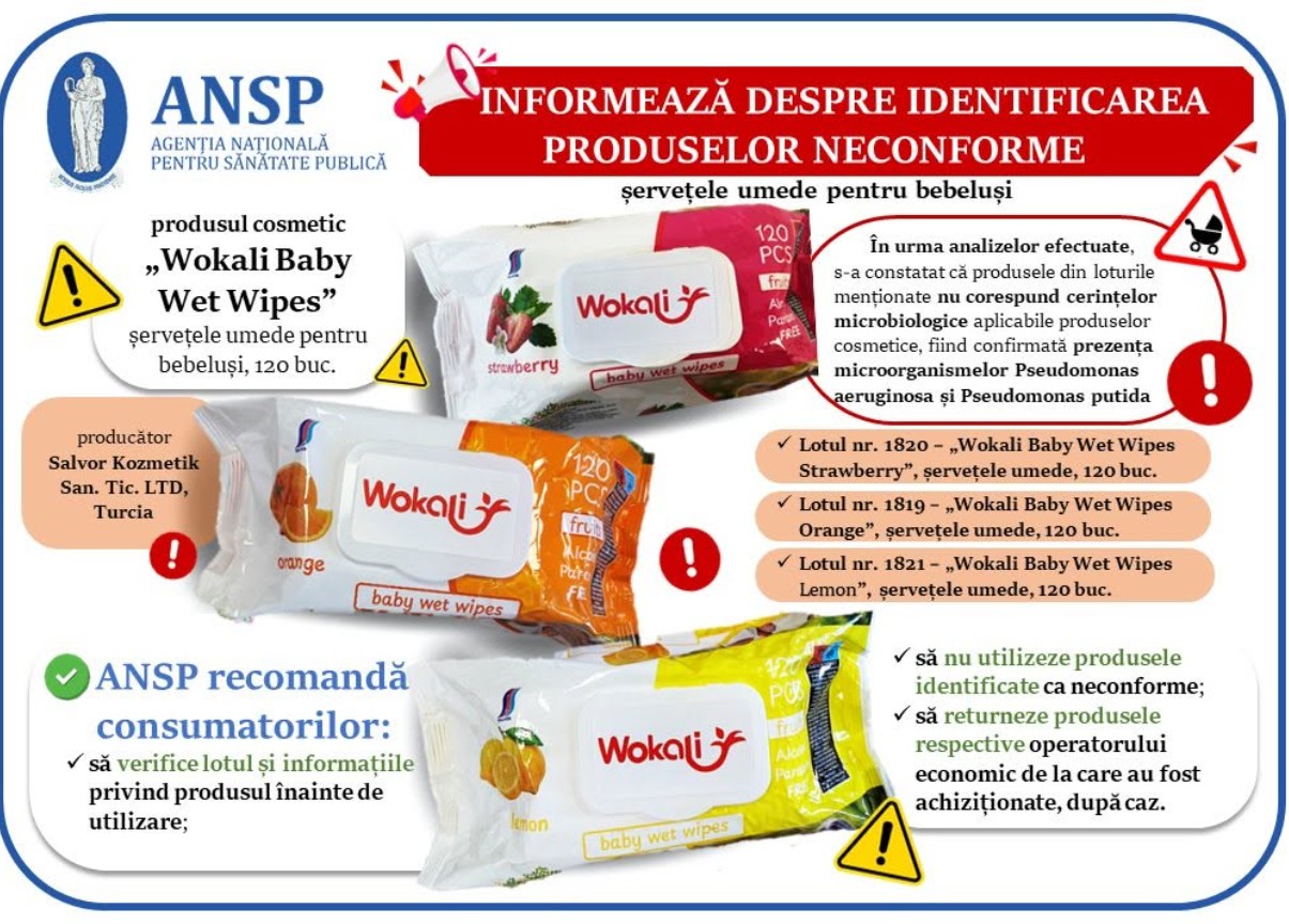 Alertă ANSP: Trei loturi de șervețele umede neconforme din cauza contaminării microbiologice au fost retrase de pe piață